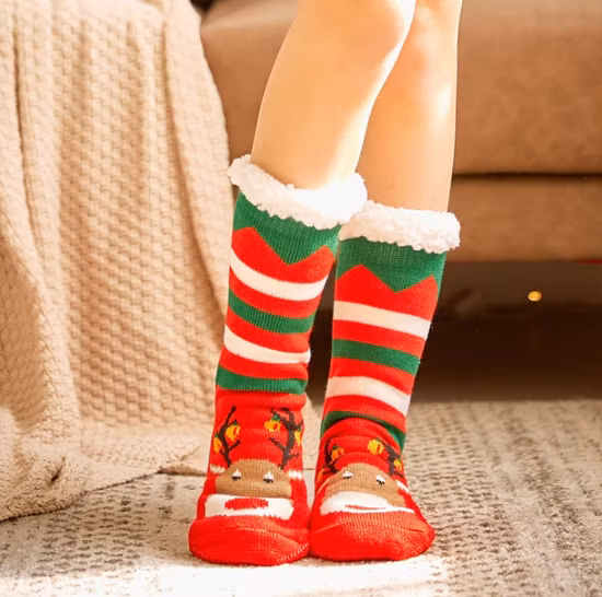 Nordic Holiday Christmas Xmas Snowflake Fuzzy Fluffy Plush Sherpa Fleece Lined Cozy Anti Skid Slipper Socks with Grippers